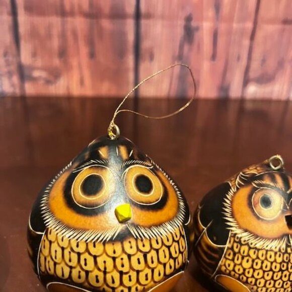 Handcrafted Gourd Owl Ornaments Set of 3 by Lucuma designs artistic detailing - Picture 6 of 7